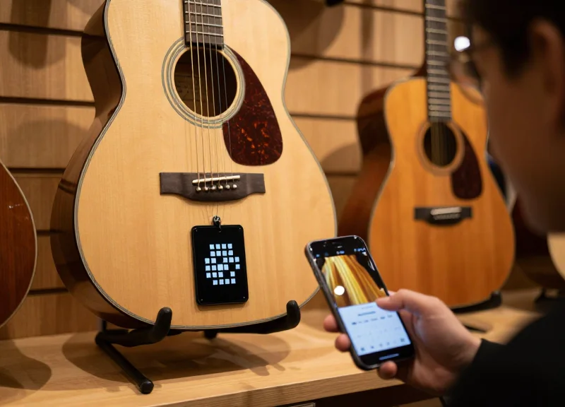 A close-up shot of a high-end acoustic guitar on a stand in a modern music store, featuring a small digital electronic shelf label nearby and a hand holding a smartphone in the foreground.