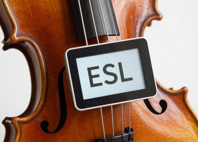 A close-up of a high-value violin on a stand with a sleek electronic shelf label showing a clear digital interface.