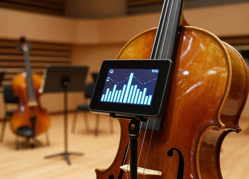 A close-up of a high-end violin on a minimalist stand in a modern conservatory, featuring a sleek electronic shelf label with a glowing digital screen showing abstract price graphs instead of text.