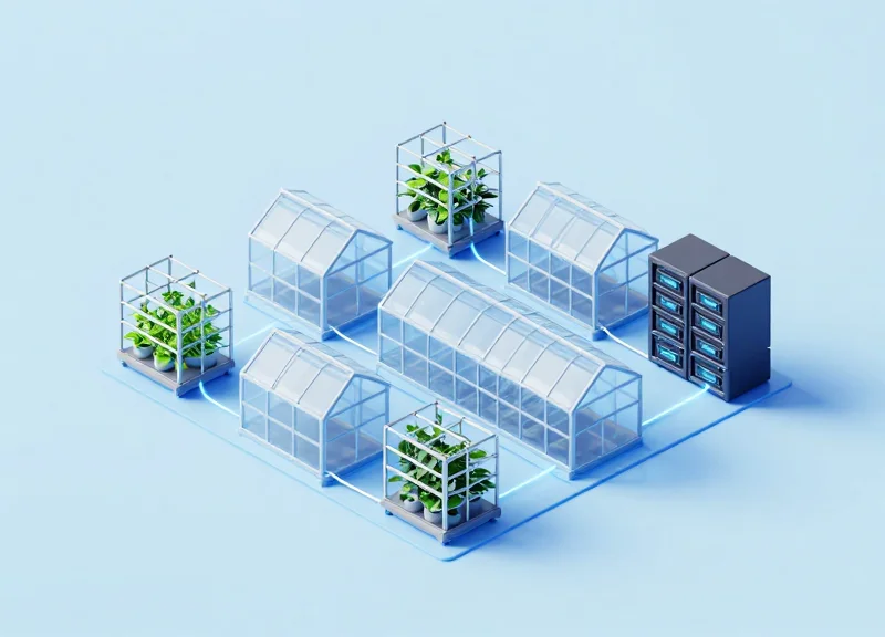 An isometric 3D model of a greenhouse connected to a digital inventory management system.