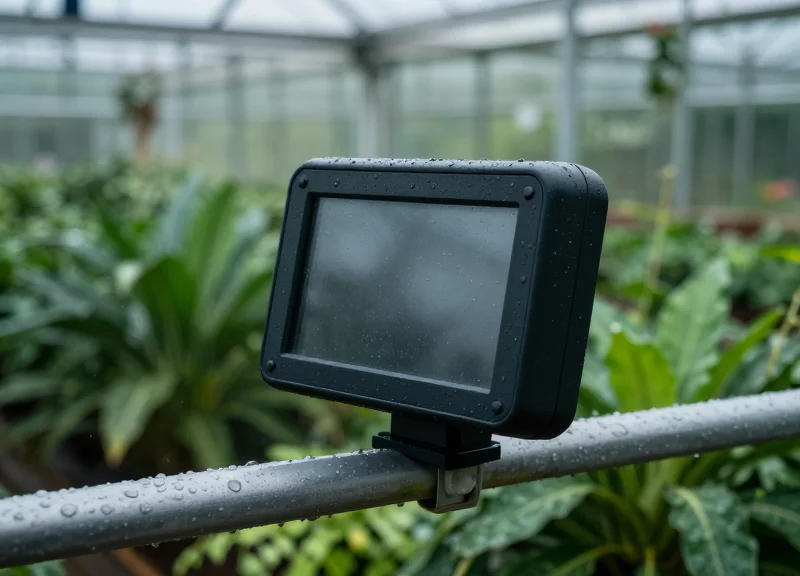 IP67-rated electronic shelf label covered in water droplets in a humid greenhouse environment.