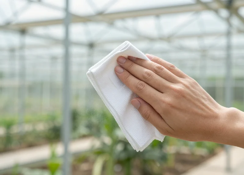 Maintenance worker cleaning an electronic shelf label in a bright greenhouse.