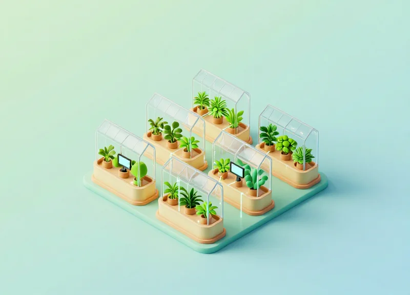 Isometric 3D view of a high-tech greenhouse with connected digital monitoring modules.