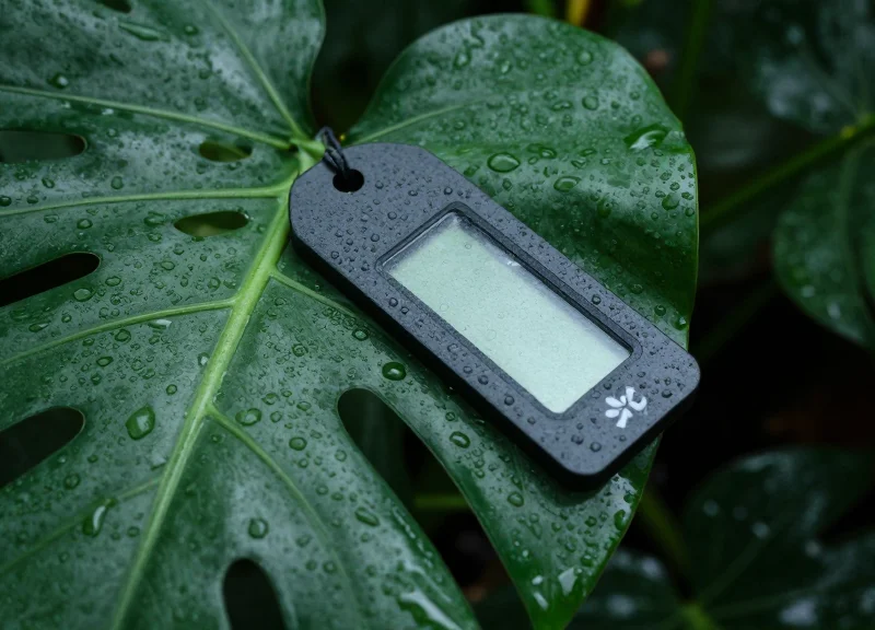 Close-up of a digital plant tag on a leaf covered in mist and water droplets.