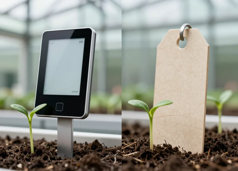 A side-by-side comparison showing a sleek modern electronic shelf label on the left and a traditional plastic plant tag on the right, both placed next to young seedlings in a greenhouse.