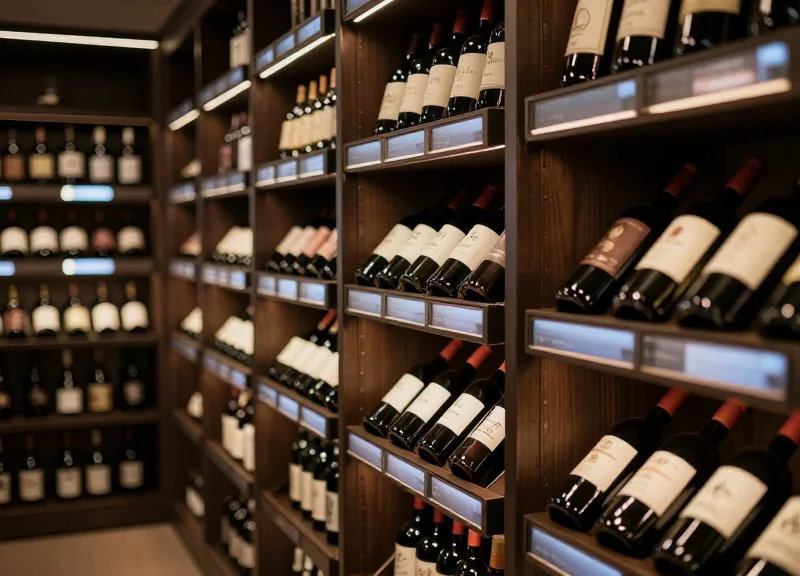 A high-end modern wine cellar featuring luxury bottles and sleek integrated digital shelf displays.