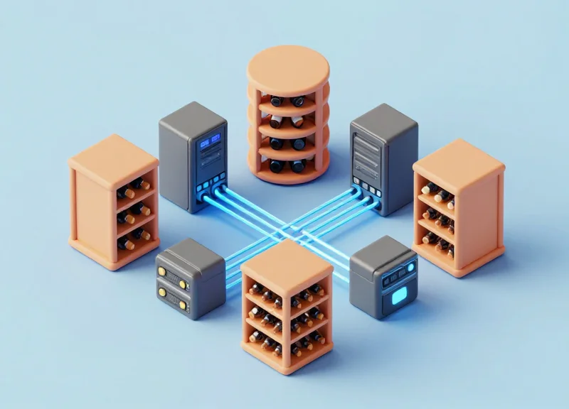 An isometric 3D model of a wine cellar inventory management system with data connections.