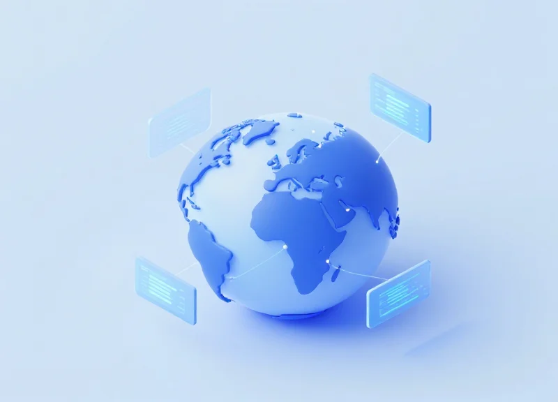 Isometric 3D model of a global currency data synchronization network.