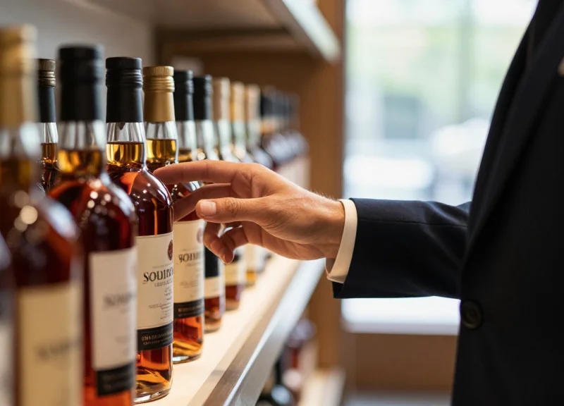 A customer looking at high-end liquor bottles in a boutique setting.