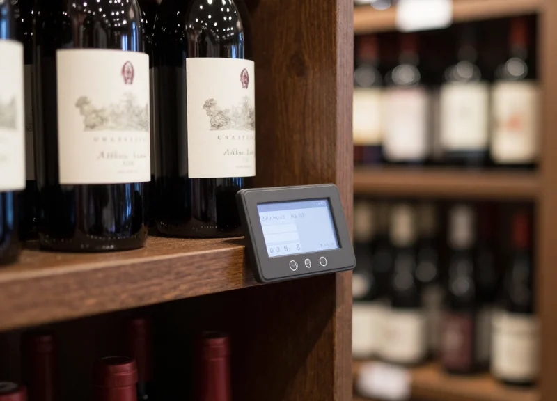Close-up of a luxury wine bottle on a wooden shelf in a modern boutique with a sleek digital price tag attached to the rack.