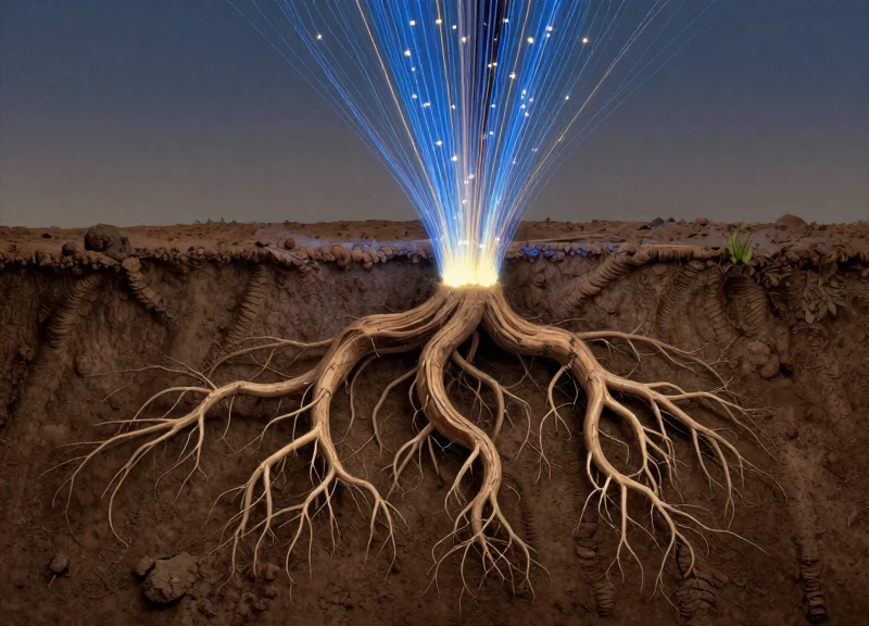 Artistic conceptual illustration showing a grapevine root system merging with glowing digital data streams.