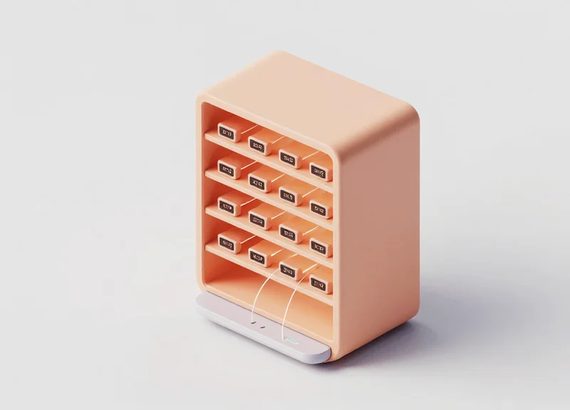 3D isometric view of a central server sending data pulses to multiple digital price tags on a wine rack.
