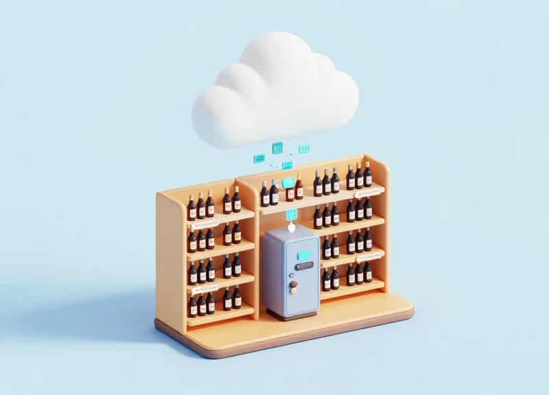 3D model of a wine retail inventory system with data flowing to shelf labels