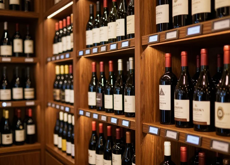 Interior of a luxury wine boutique with premium wooden shelving and subtle electronic shelf labels.