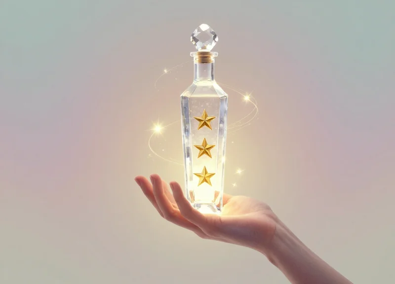 Conceptual art showing a hand reaching for a crystalline bottle with glowing golden emblems of prestige floating around it.