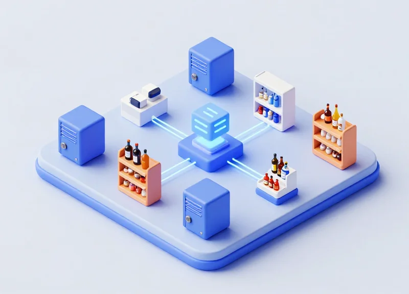 Isometric 3D model showing a central data hub connecting to digital retail shelves in a miniature liquor store layout.