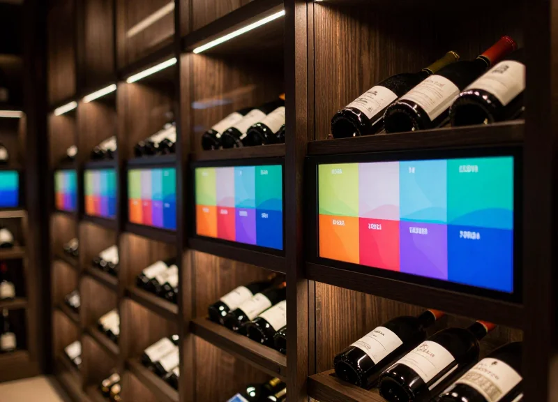 Modern wine shop interior with 4-color electronic shelf labels on wooden shelves
