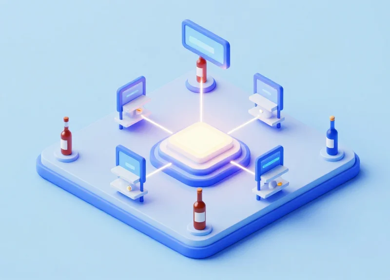 Isometric view of a smart retail network connecting central servers to wine shelf displays