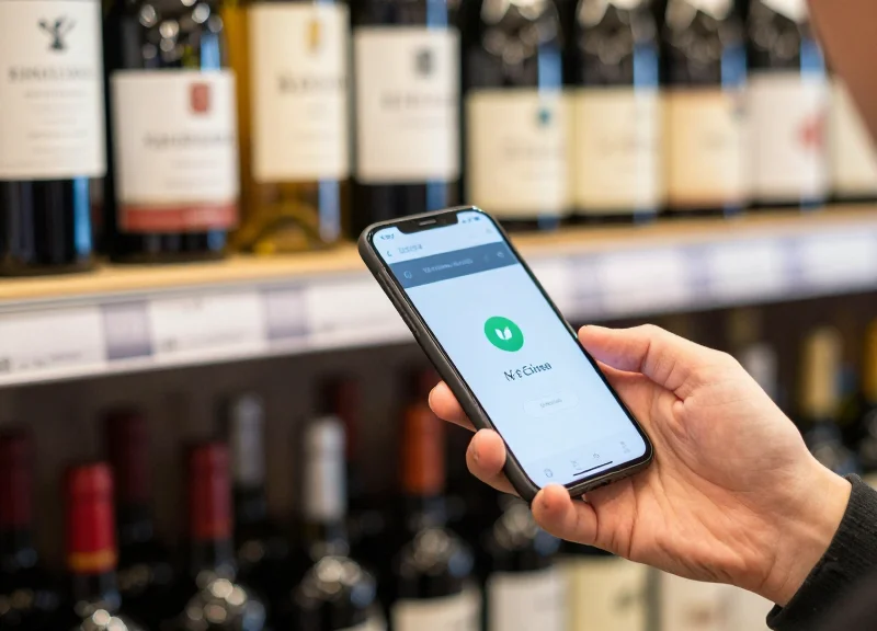 A person using a smartphone to interact with an electronic shelf label in a wine boutique.