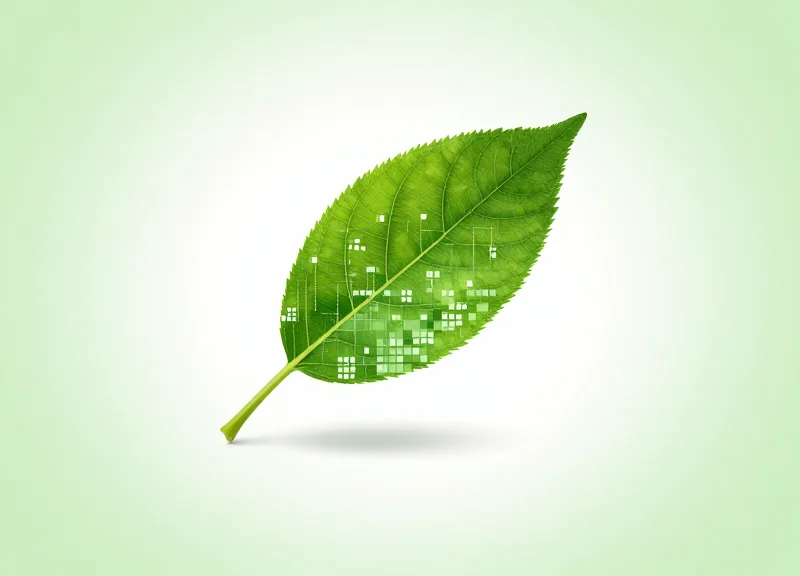 Conceptual artwork showing a leaf transforming into digital pixels to represent sustainability.