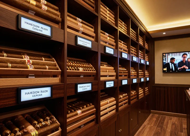 A luxurious cigar lounge interior with high-end humidors and digital pricing displays