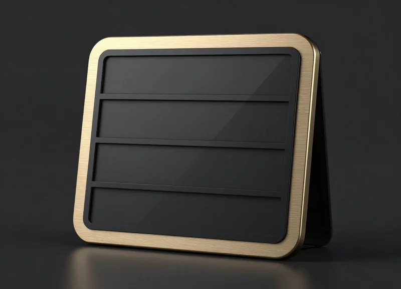 A sleek digital electronic shelf label with a premium metallic finish shown on a minimalist background.
