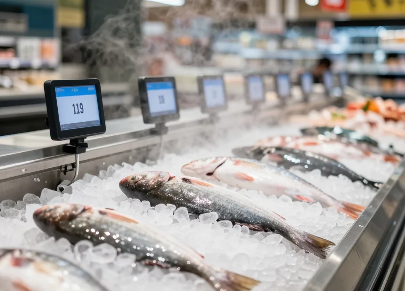 Electronic shelf labels mounted on a grocery store seafood counter surrounded by fresh fish on ice and misty atmosphere.
