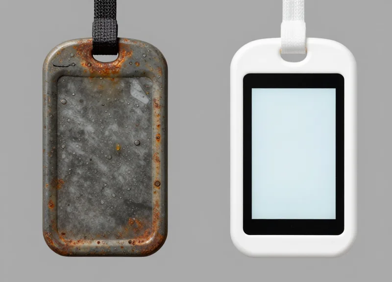 Comparison between a rusted damaged standard electronic tag and a clean functional IP67 rated tag.