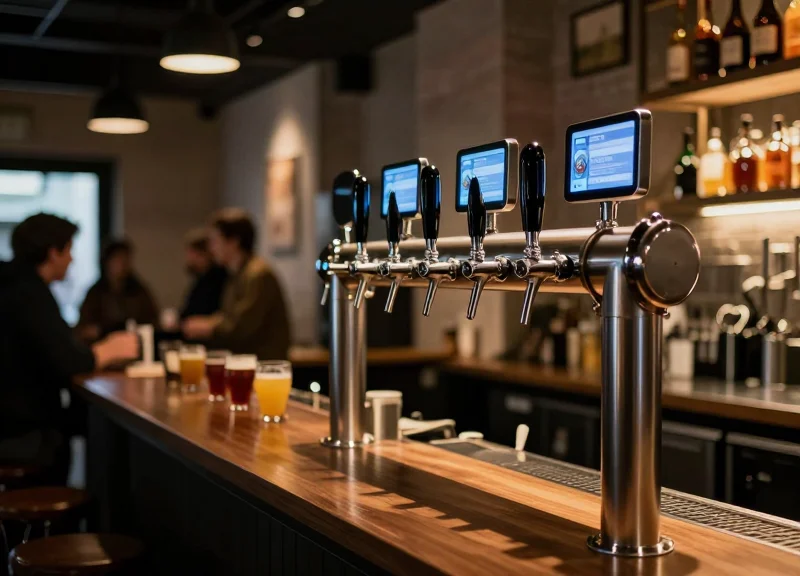 Modern craft beer taproom with sleek digital displays and warm ambient lighting.