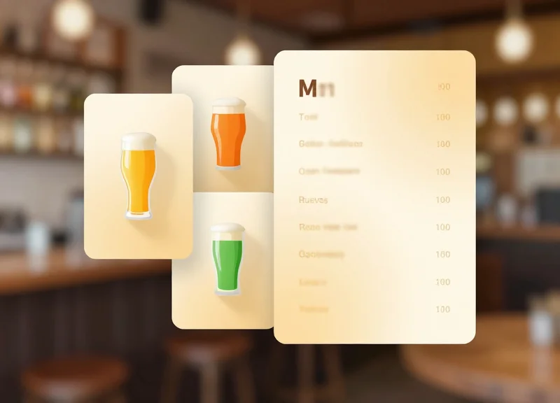 Abstract digital menu template with glassmorphism cards and vibrant beer-themed icons.