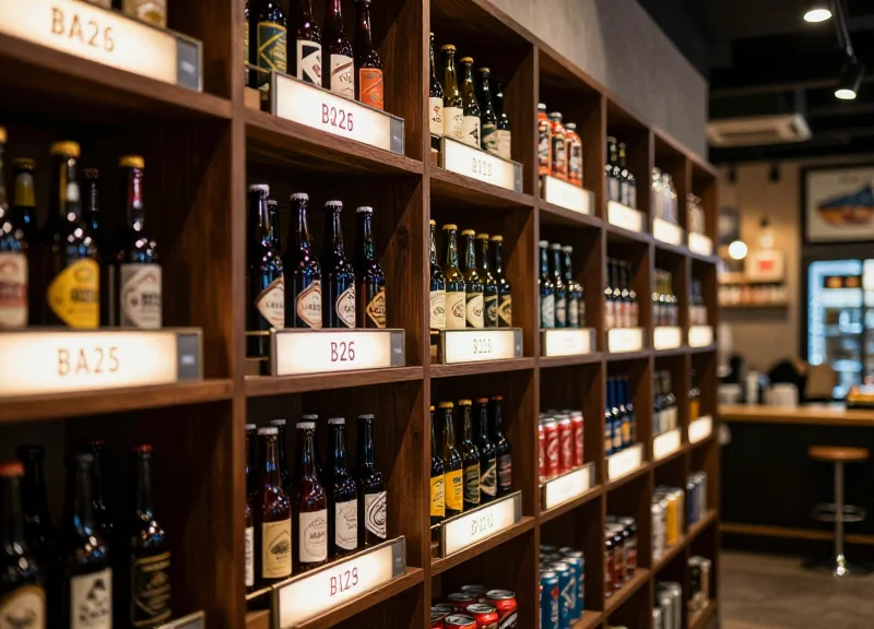 A modern craft beer bottle shop with glowing digital price tags on shelves