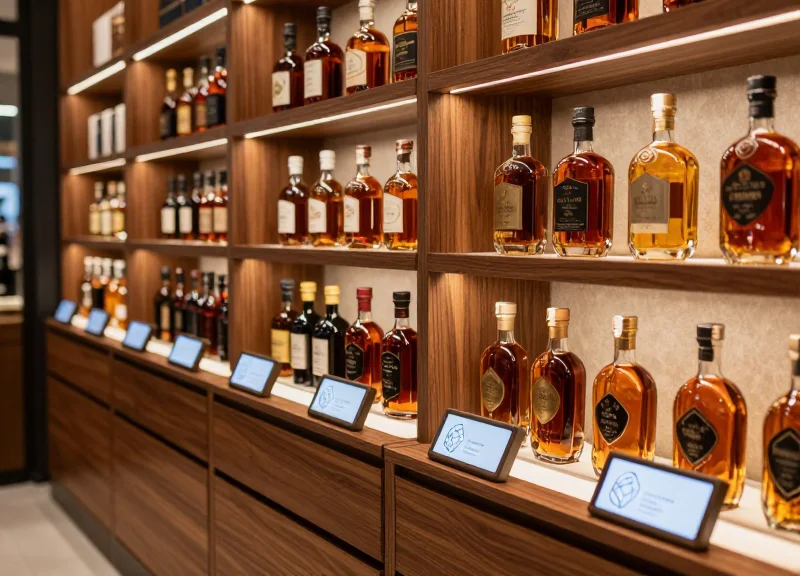 A luxury duty-free spirits shelf with premium glass bottles and modern electronic shelf labels featuring abstract digital displays, illuminated by warm cinematic lighting.