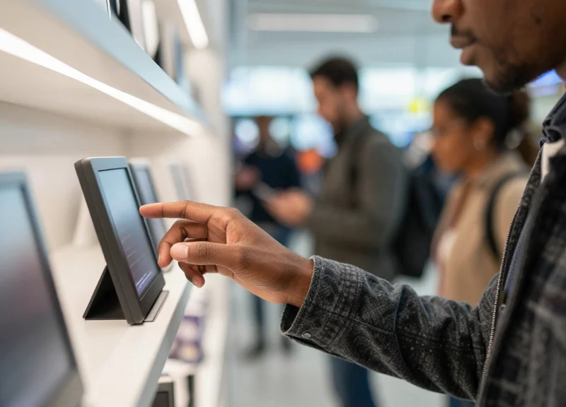 A close-up of a traveler looking at a digital price tag in a boutique shop within an airport.