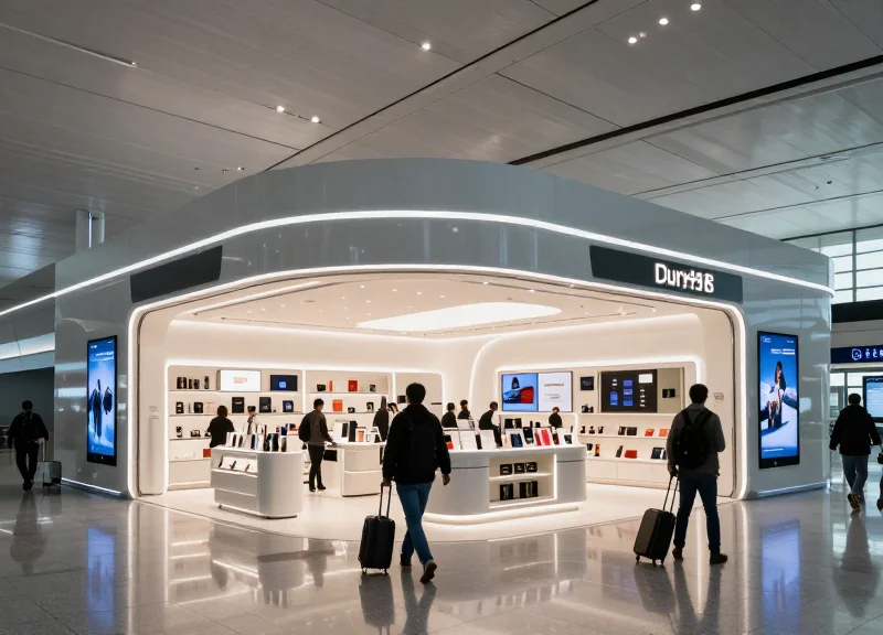 A wide shot of a futuristic luxury duty-free store in a modern airport terminal with cinematic lighting and travelers.