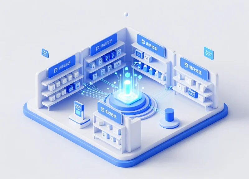 An isometric 3D illustration of a futuristic smart retail shelf with modular units and glowing digital price tags, representing the integration of RFID and ESL technology.