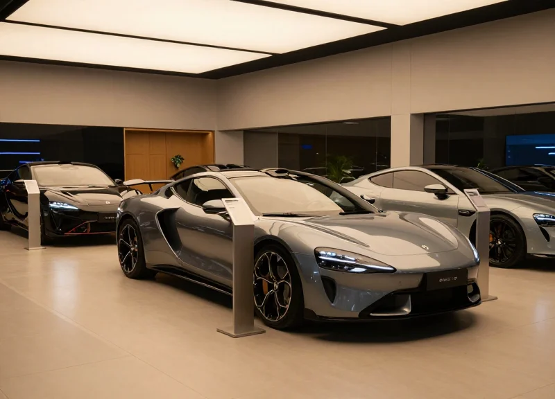 A modern luxury car showroom with sleek digital price tags next to high-end vehicles, warm cinematic lighting.