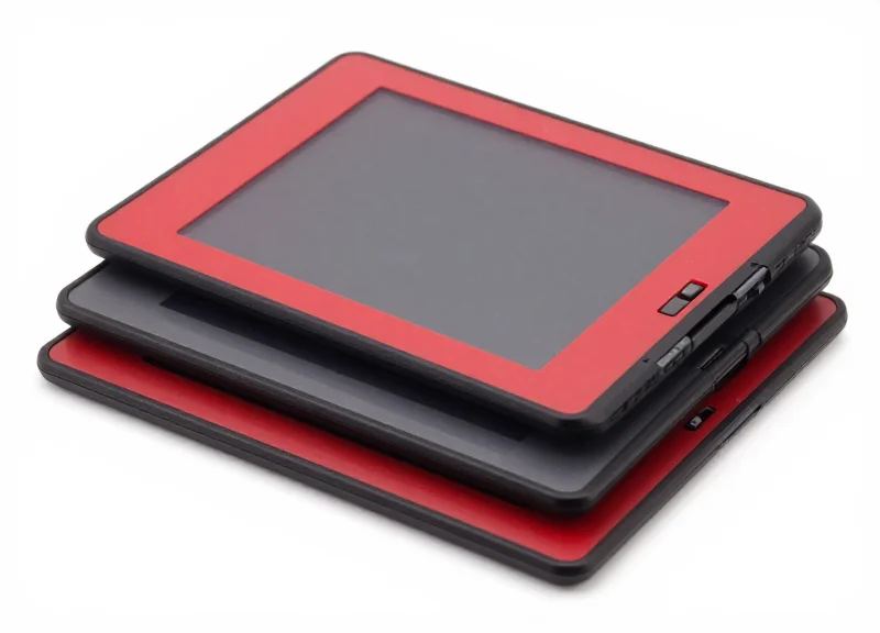 A group of multicolor e-paper displays showing red and black zones on a blank screen surface.