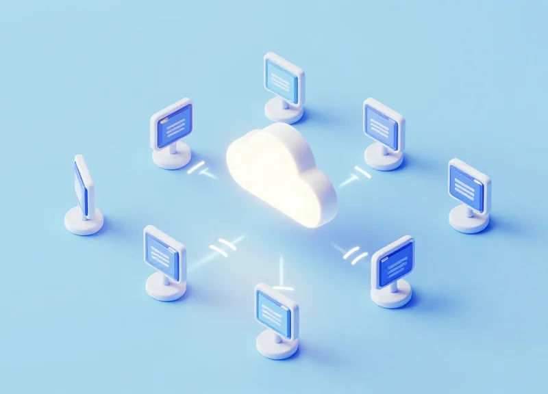 An isometric 3D model showing a central cloud server connected to multiple car display tags via glowing lines.