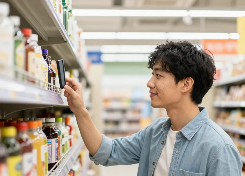 A shopper in a clean retail store looking at a digital price tag with trust and satisfaction.