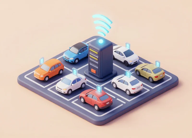 Isometric view of a dealership management system sending data wirelessly to electronic car labels.