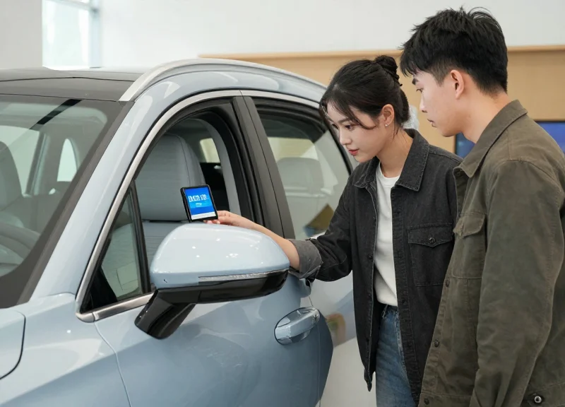 Customers in a car dealership looking at a vehicle with a digital display tag on the window.