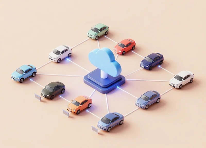 An isometric 3D view of a smart dealership network showing digital price tags connected to a central cloud system.
