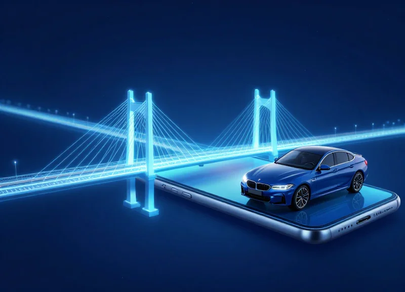 A conceptual art piece showing a glowing digital bridge connecting a holographic smartphone to a physical car silhouette.