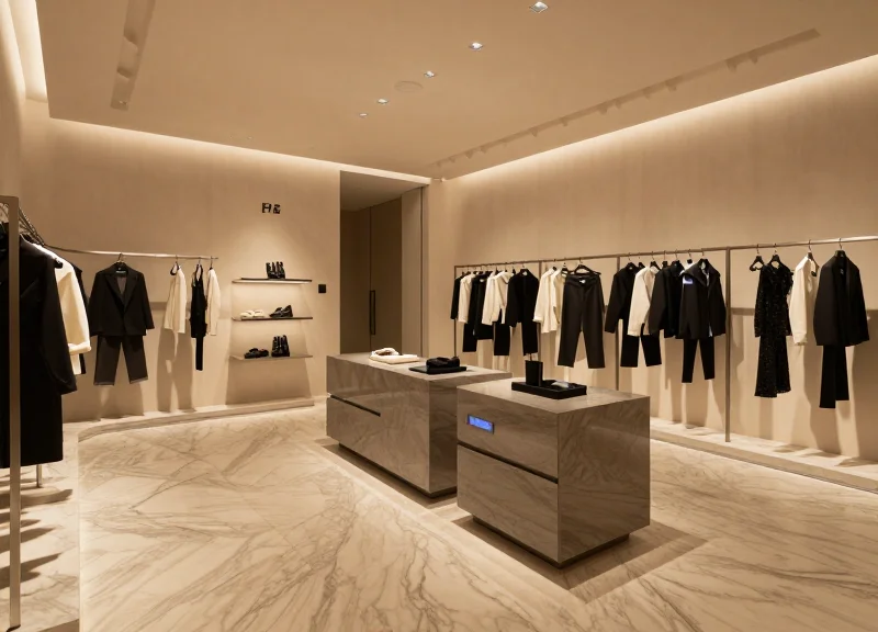 Luxury boutique interior with modern minimalist design and subtle technological integration
