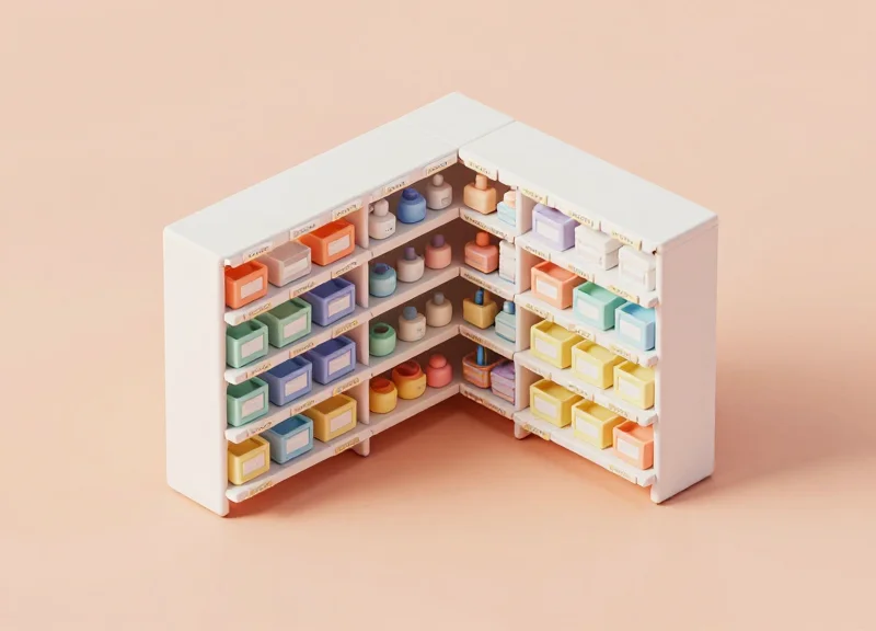 An isometric 3D model of an organized pharmacy bin system with tiny digital labels.