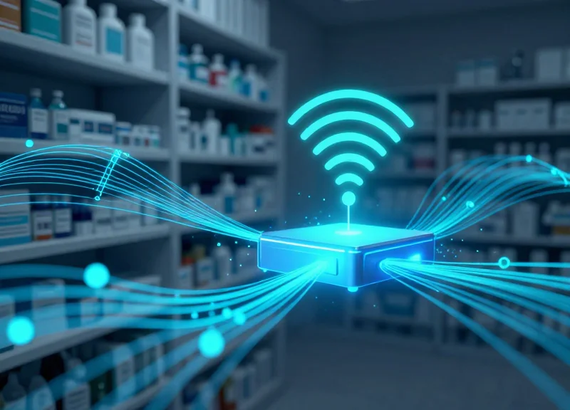 Abstract digital data streams connecting pharmacy labels to a central database.