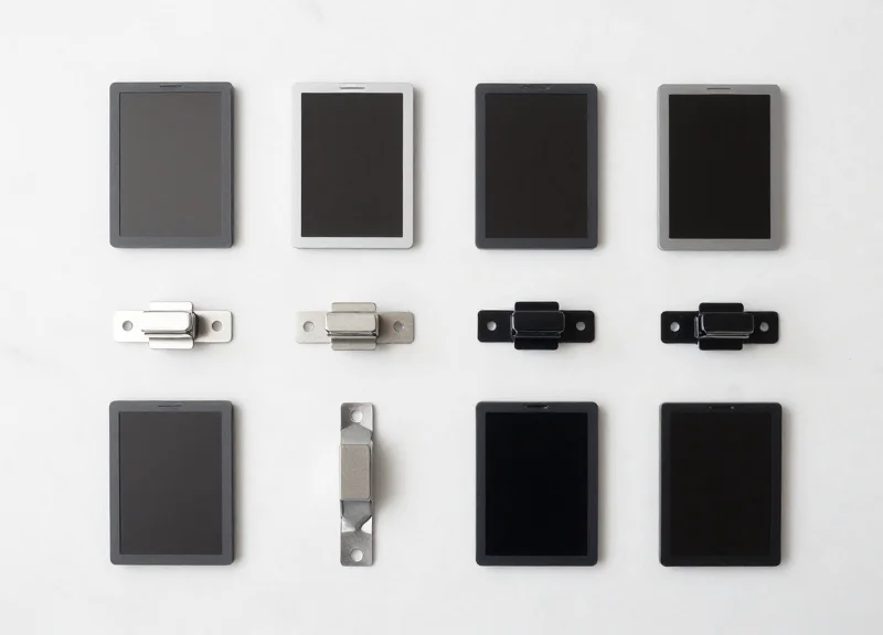 A variety of specialized brackets and mounting hardware for electronic shelf labels arranged neatly on a surface.