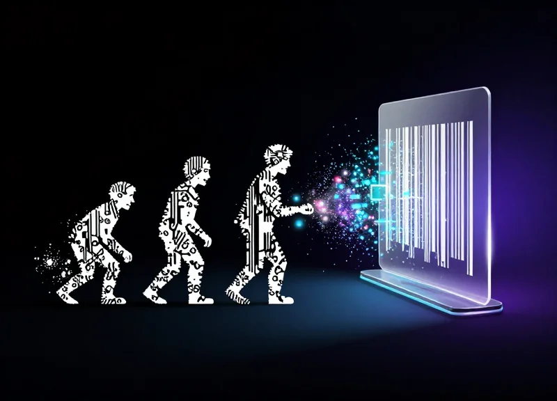 Conceptual art representing the evolution from a traditional barcode to a glowing, digital nano-display.