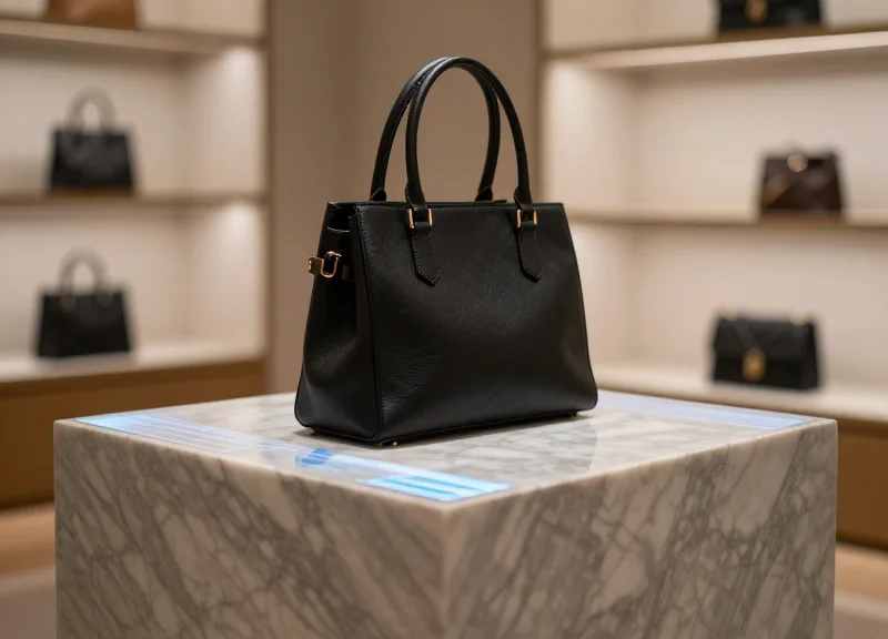 Close-up of a luxury boutique display with an integrated, glowing digital nano-tag on a marble shelf.