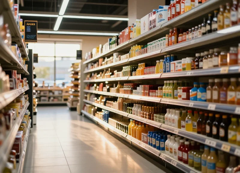 A modern supermarket aisle with sleek digital pricing labels on the shelves, soft focus on the background retail environment.